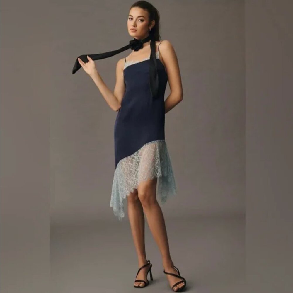 NWT Anthropologie Asymmetrical Lace Trim Dress Blue